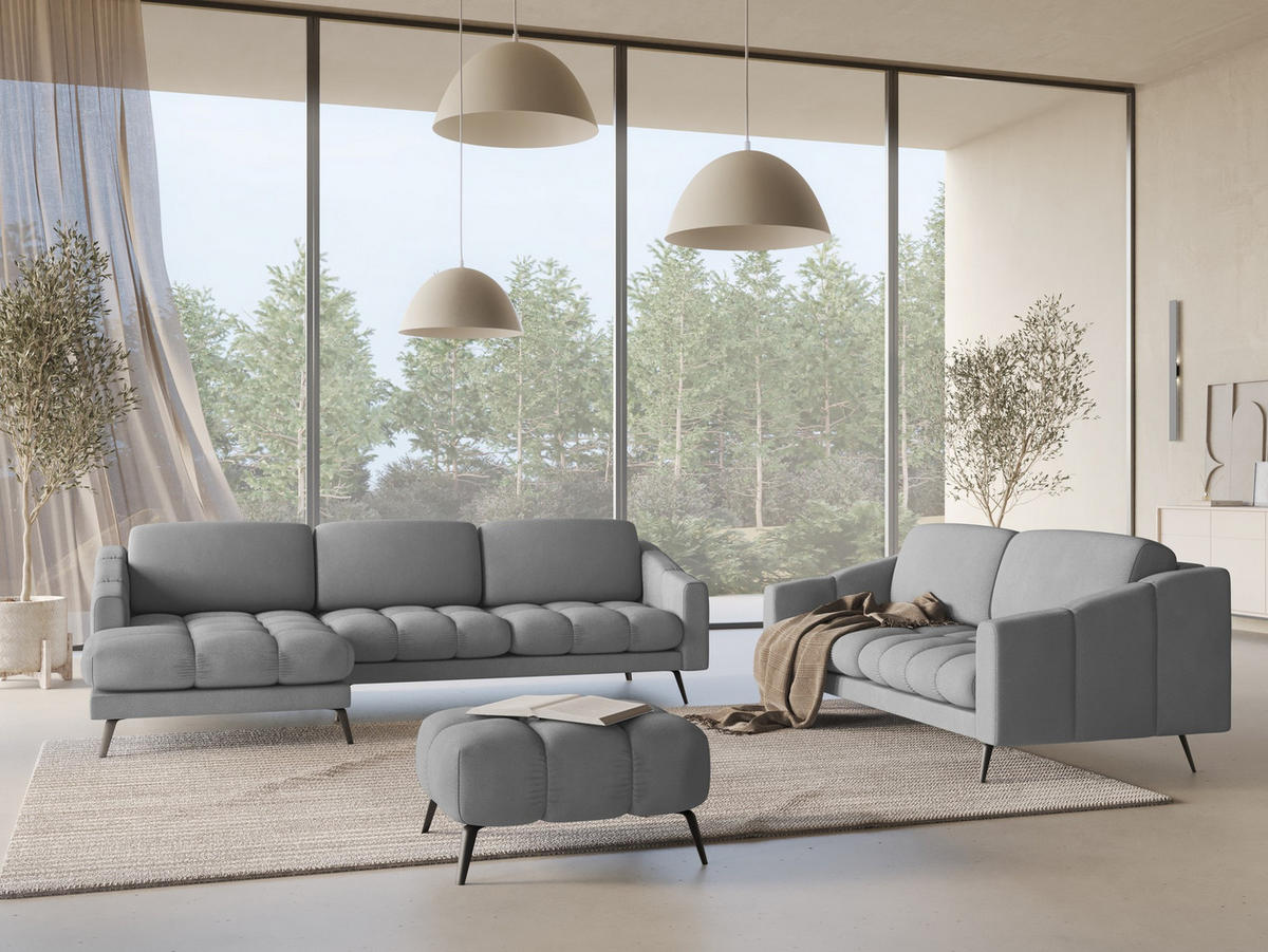 ECKSOFA Links Chenille Stoff Grau - Hellgrau/Schwarz, Textil/Metall (160/264cm) - Makamii