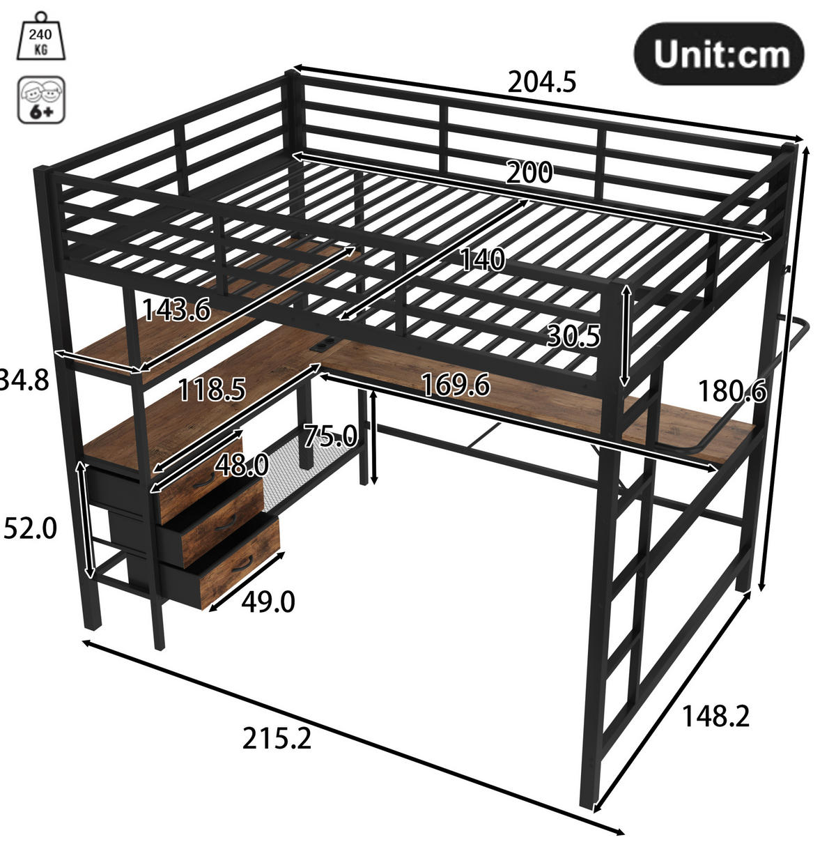 HOCHBETT aus Metall und MDF 140x200 cm Schwarz mit Schreibtisch, LED, USB und 3 Schubladen - Schwarz, Metall (90/190cm) - IVMEU
