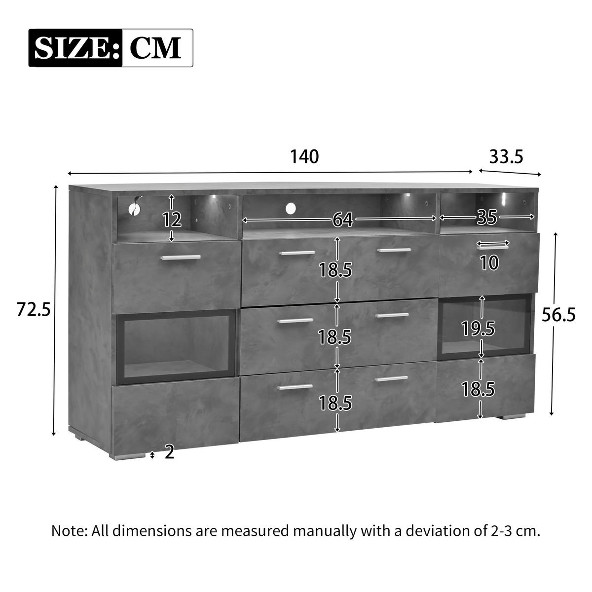 SIDEBOARD in Grau mit LED und transparenten Acryltüren, 2 Türen und 3 Schubladen, 140/33,5/72,5 cm，Grau - Grau, Holzwerkstoff (140/72.5/33.5cm) - Redom