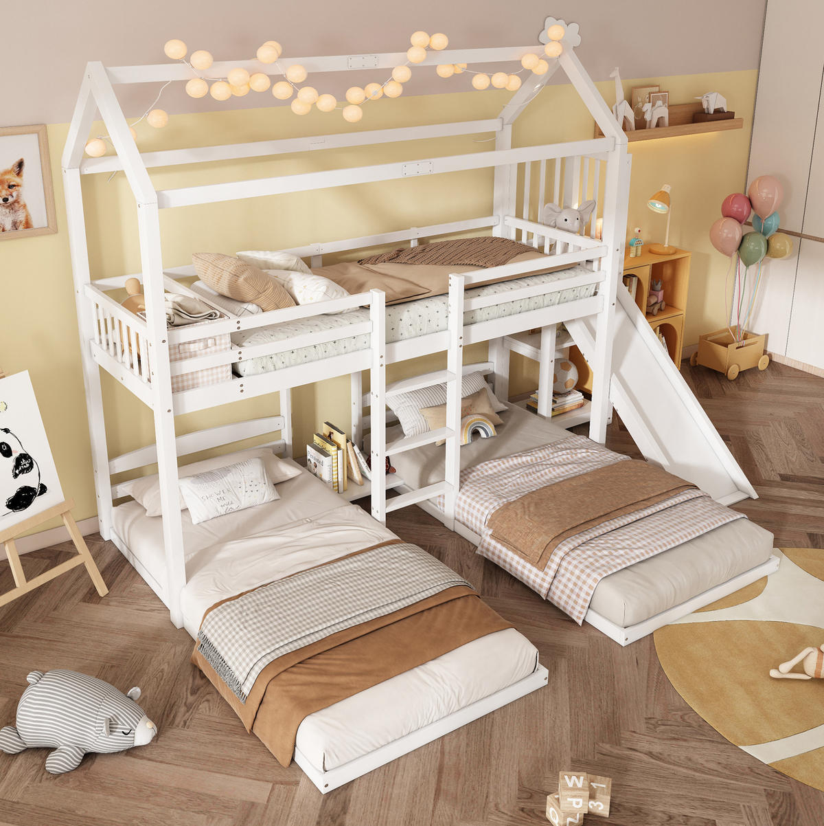ETAGENBETT aus Kiefer und MDF 90x200 cm Weiß mit Rutsche, Leiter, Dachdesign und 3 Schlafplätzen - Weiß, Holzwerkstoff (90/200cm) - Modfu