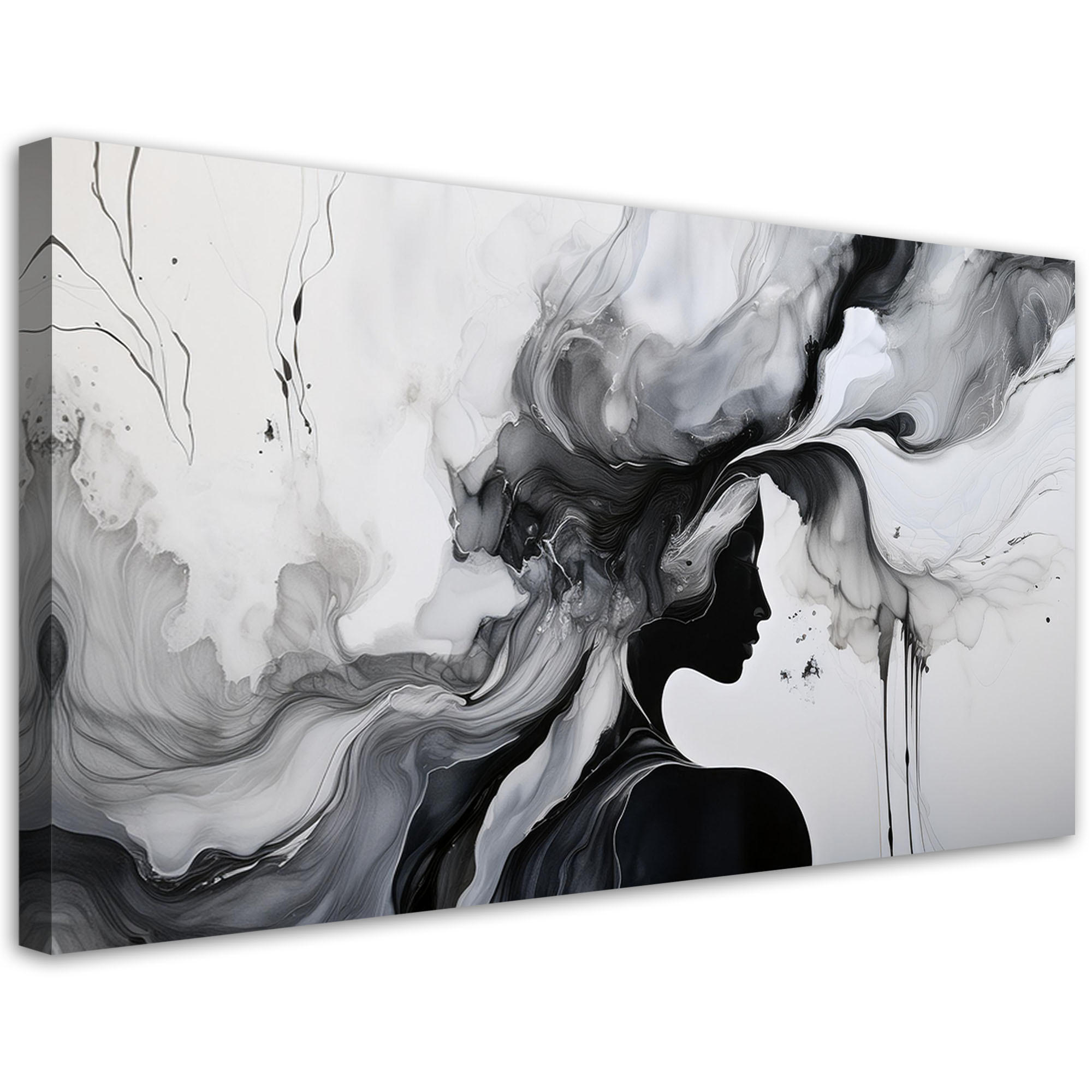 BILDER Kunstdruck Frau Modern Abstrakt Schwarz-Weiß-Tinte 120x60cm - Schwarz, Textil (120/60cm) - Feeby