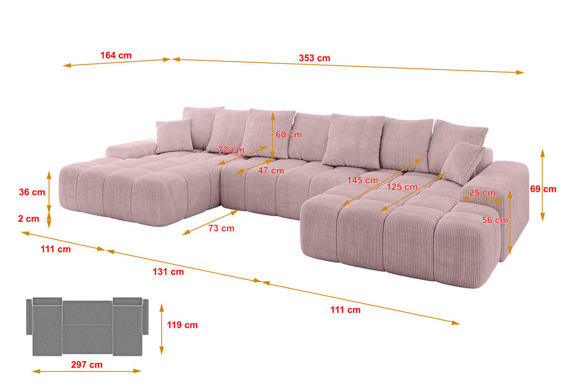 WOHNLANDSCHAFT ENSI-U - 353x164x88 cm Rosa - Rosa, Holzwerkstoff/Kunststoff (357/69/164cm) - ALTDECOR