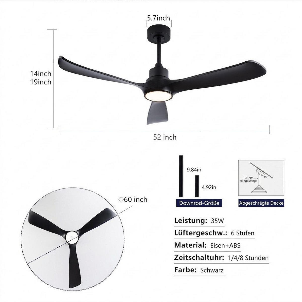 DECKENVENTILATOR & LED Beleuchtung Vor-/Rücklauf reversibler DC-Motor - Schwarz, Kunststoff (132/132/45.7cm) - BEXEVUE