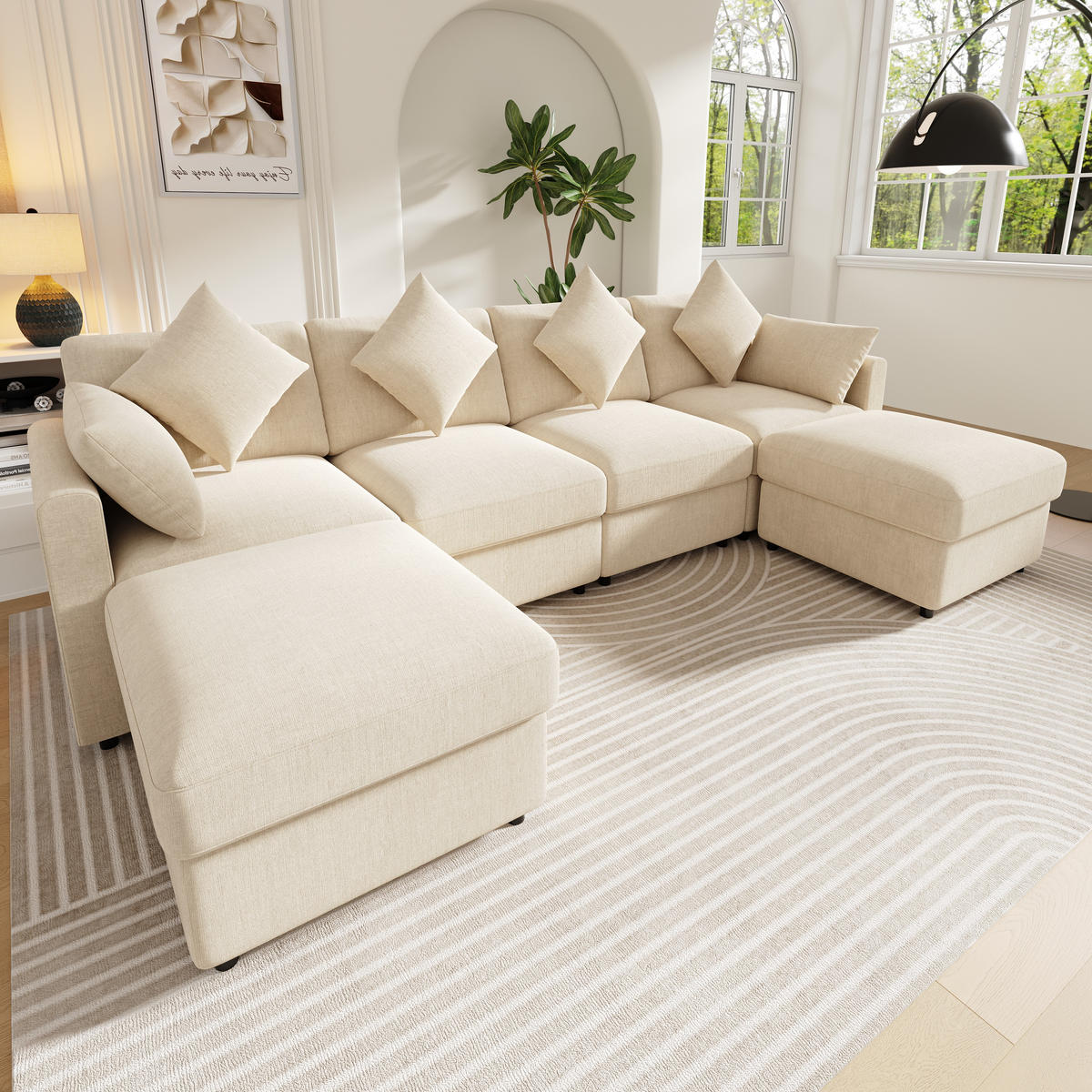 WOHNLANDSCHAFT 284/156.5/86 cm Beige mit 2 Hockern und verstellbaren Armlehnen - Beige, Textil (284/86/156.5cm) - Oxeza