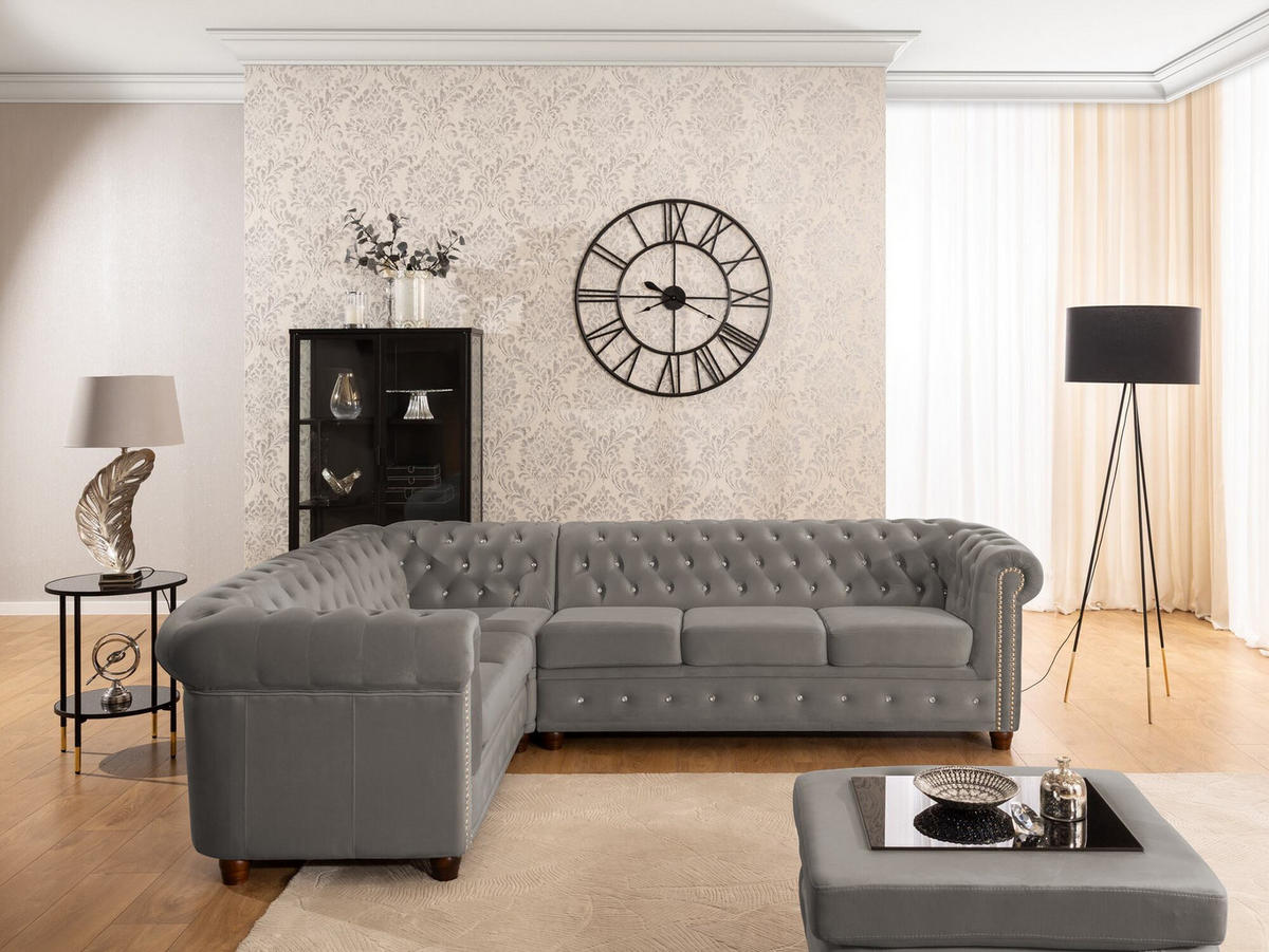 HOCKER Chesterfield Cleo Blink Grau Samt mit Kristallsteppung und braunen Massivholzfüßen - Braun/Grau, Holz/Textil (75/45/70cm) - S-Style Möbel