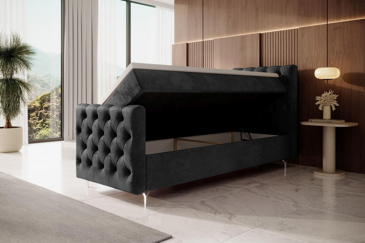 BOXBETT CHESTER PLUS mit Matratze H3, Bonell und Topper 120x200 Monolith 97 Rechts - Dunkelgrau, Textil (120/200cm) - Bedante