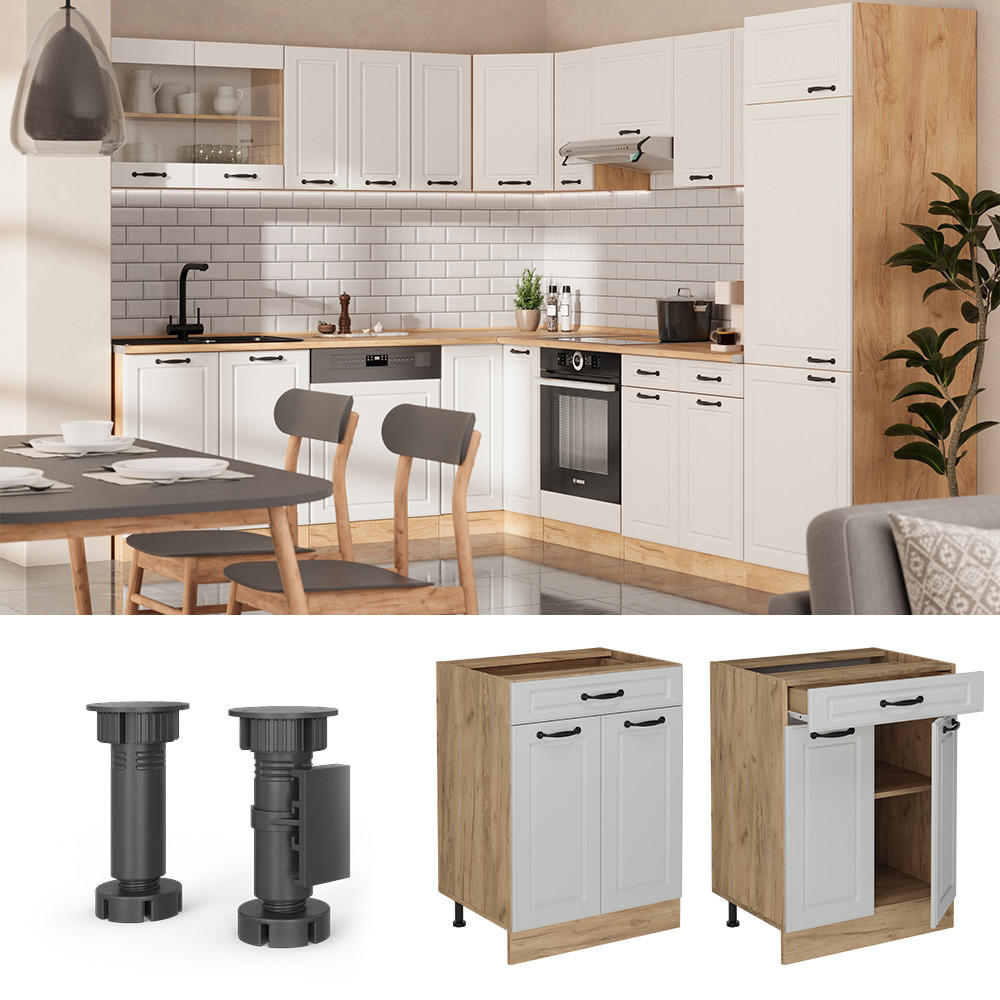 KÜCHENUNTERSCHRANK R-Line Weiß Landhaus 60 cm AP Marmor - Honigeiche/Eiche Wotan, Holzwerkstoff (60/81.6/60cm) - Vicco