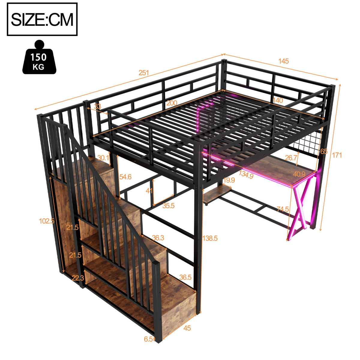 HOCHBETT 140/200 cm in Schwarz mit LED, Ablageleiter, Schreibtisch und Kleiderschrank - Schwarz, Holzwerkstoff/Metall (140/200cm) - WISHDOR