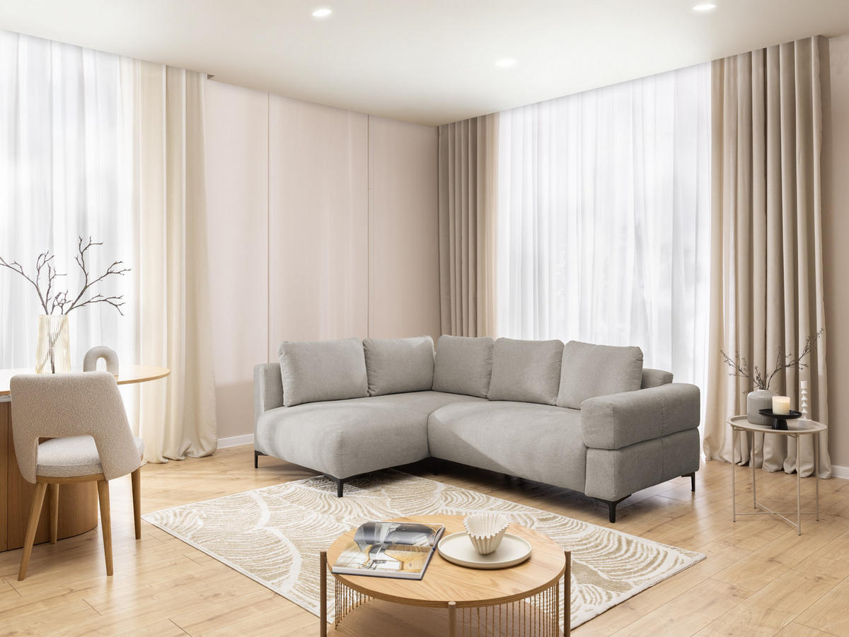 ECKSOFA Cardea in Bubble-Optik aus weichem Taupe Strukturstoff mit hohem Sitzkomfort - Ottomane links - Taupe/Schwarz, Holz/Textil (170/230cm) - S-Style Möbel