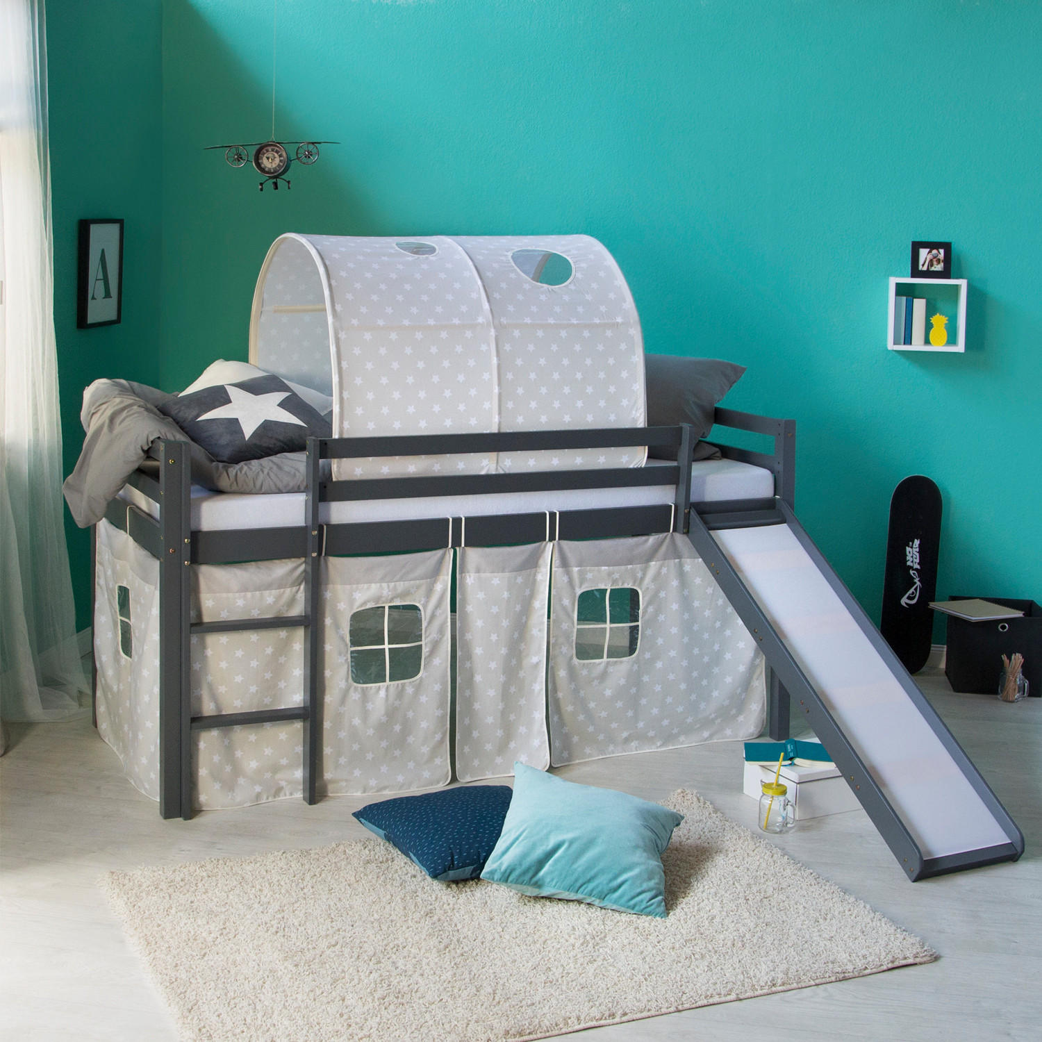 HOCHBETT 90/200 in grau mit Lattenrost + Matratze - Grau, Holz (90/200cm) - Homestyle4u