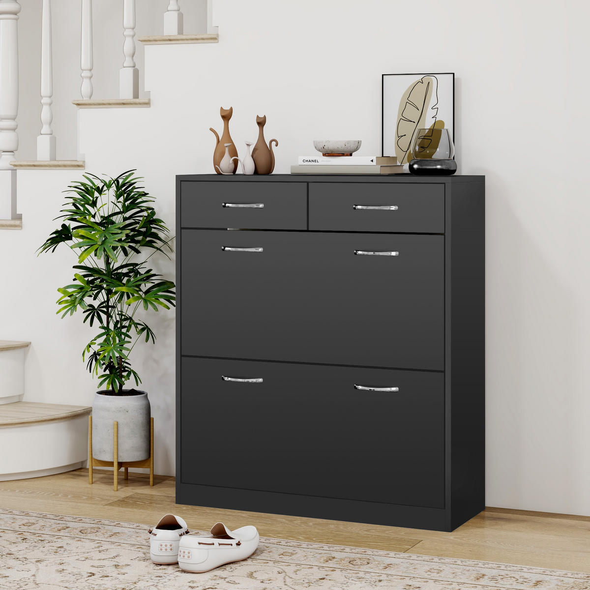 SCHUHSCHRANK Schwarz Holzwerkstoff mit Fächern und Schubladen 1 Stück - Schwarz, Holzwerkstoff (80/91.5/30cm) - PANGIVO