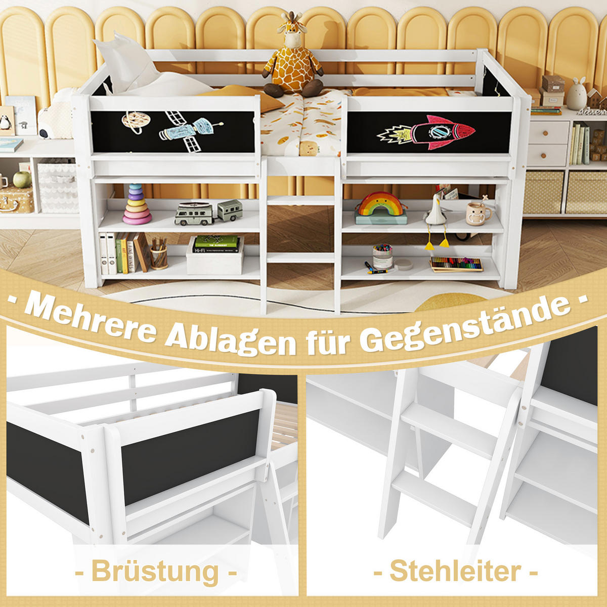 HOCHBETT 90/200 cm weiß mit Aufbewahrung und Sicherheitsgeländer mit Matratze - Weiß, Holzwerkstoff (90/200cm) - OKWISH