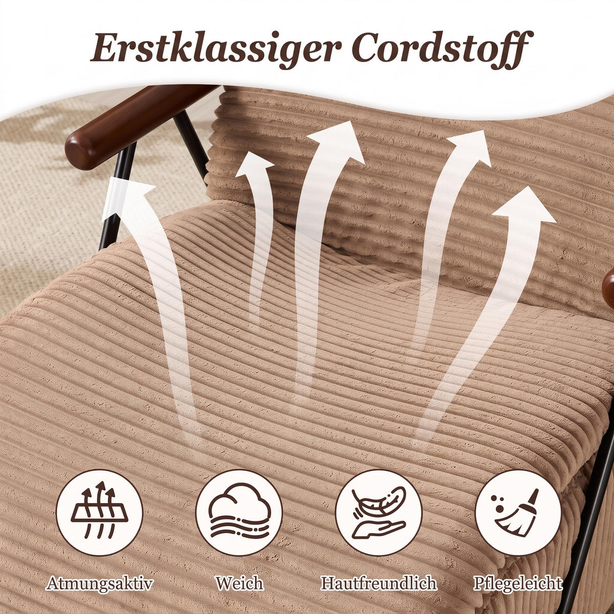 XXL-SESSEL mit Armlehnen, Cord Loungesessel, Ergonomisch, Hellbraun - Hellbraun, Textil/Metall (71/75/100cm) - LVHOM