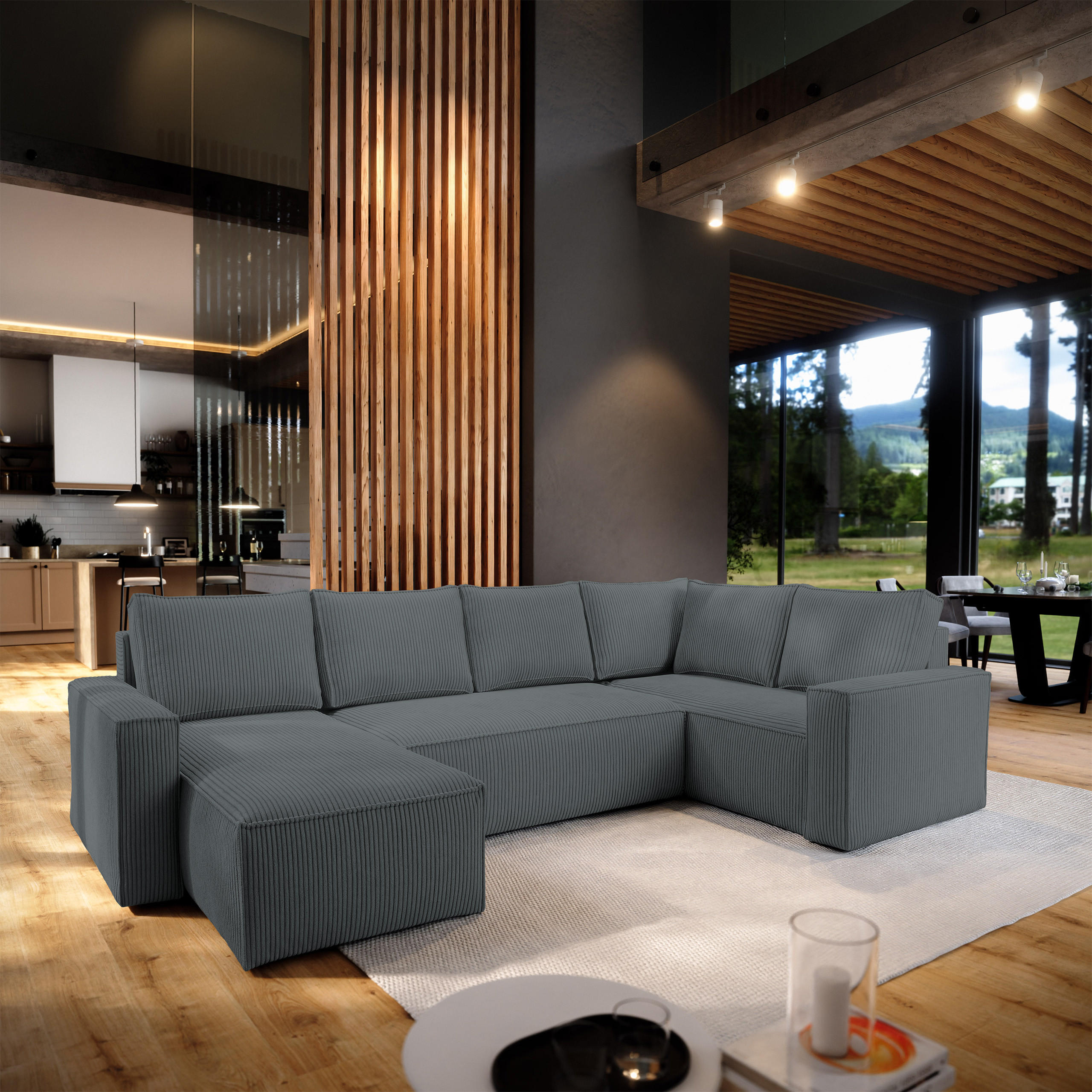 WOHNLANDSCHAFT NORENA R-S Grau Kordstoff mit Schlaffunktion - Grau, Holz (295/85/157.5cm) - MASSENO