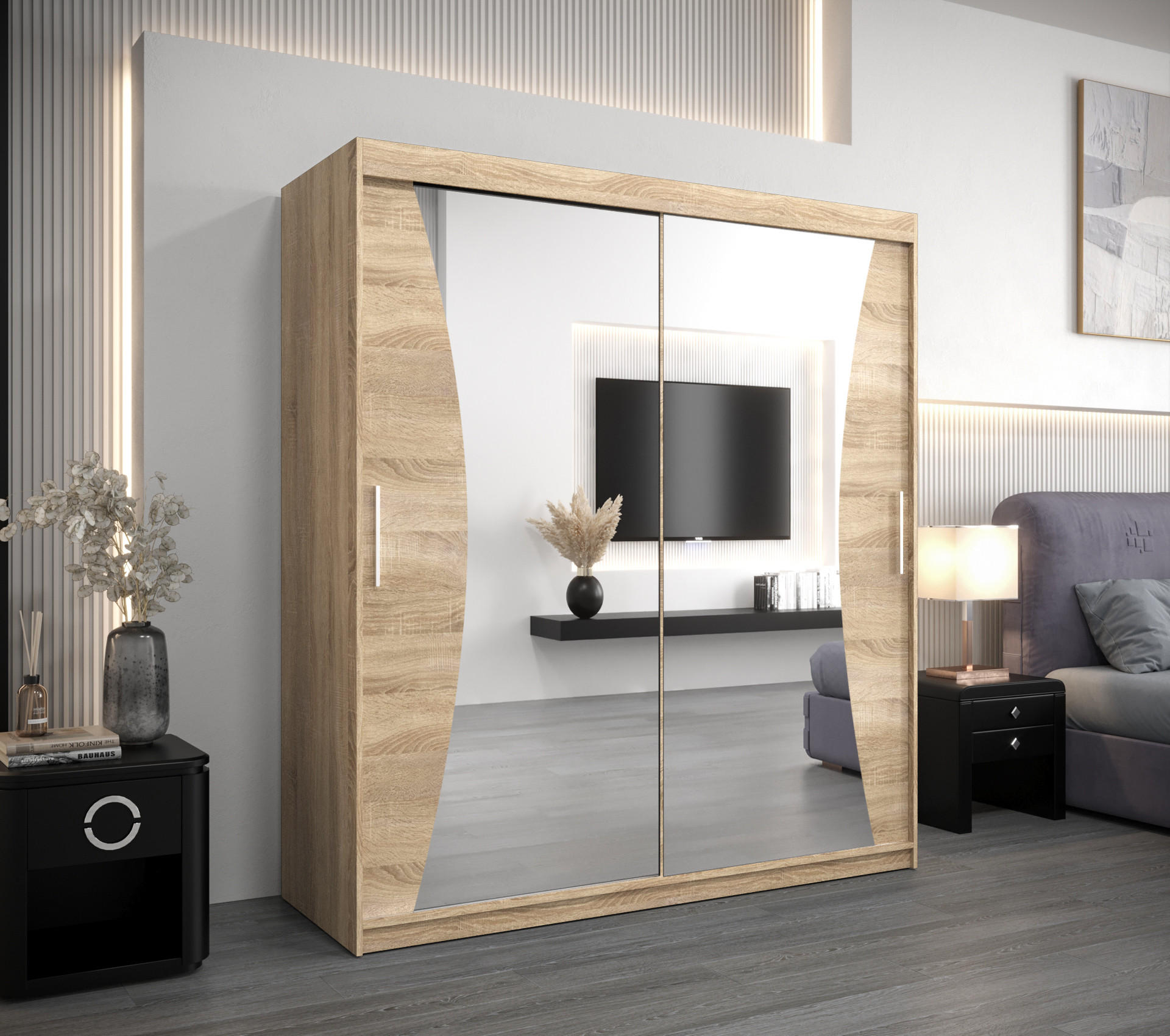 SCHWEBETÜRENSCHRANK 200/180/62 2-türig - Silberfarben/Sonoma Eiche, Holz/Kunststoff (180/200/62cm) - Abiks Möbel