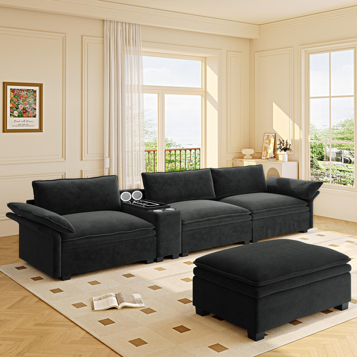 ECKSOFA 315/70/85 cm Schwarz mit Fußhocker, kabelloses Laden, Lautsprecher, Licht und 2 Getränkehalter - Schwarz, Textil (315/70cm) - Oxeza