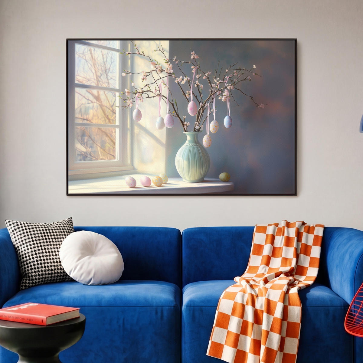 LEINWAND Bilder mit Rahmen - Stillleben - Vase - Osterzweig - 90x60 - Hellblau, Textil (90/60cm) - MuchoWow