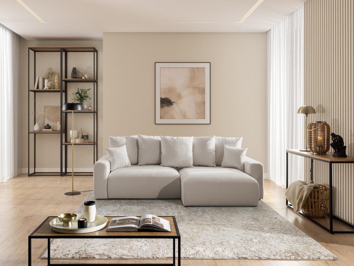 ECKSOFA Calma mit Schlaffunktion und Bettkasten im Bumpy-Design aus weichem Beige Webstoff - Ottomane rechts - Beige/Schwarz, Holz/Kunststoff (140/239cm) - S-Style