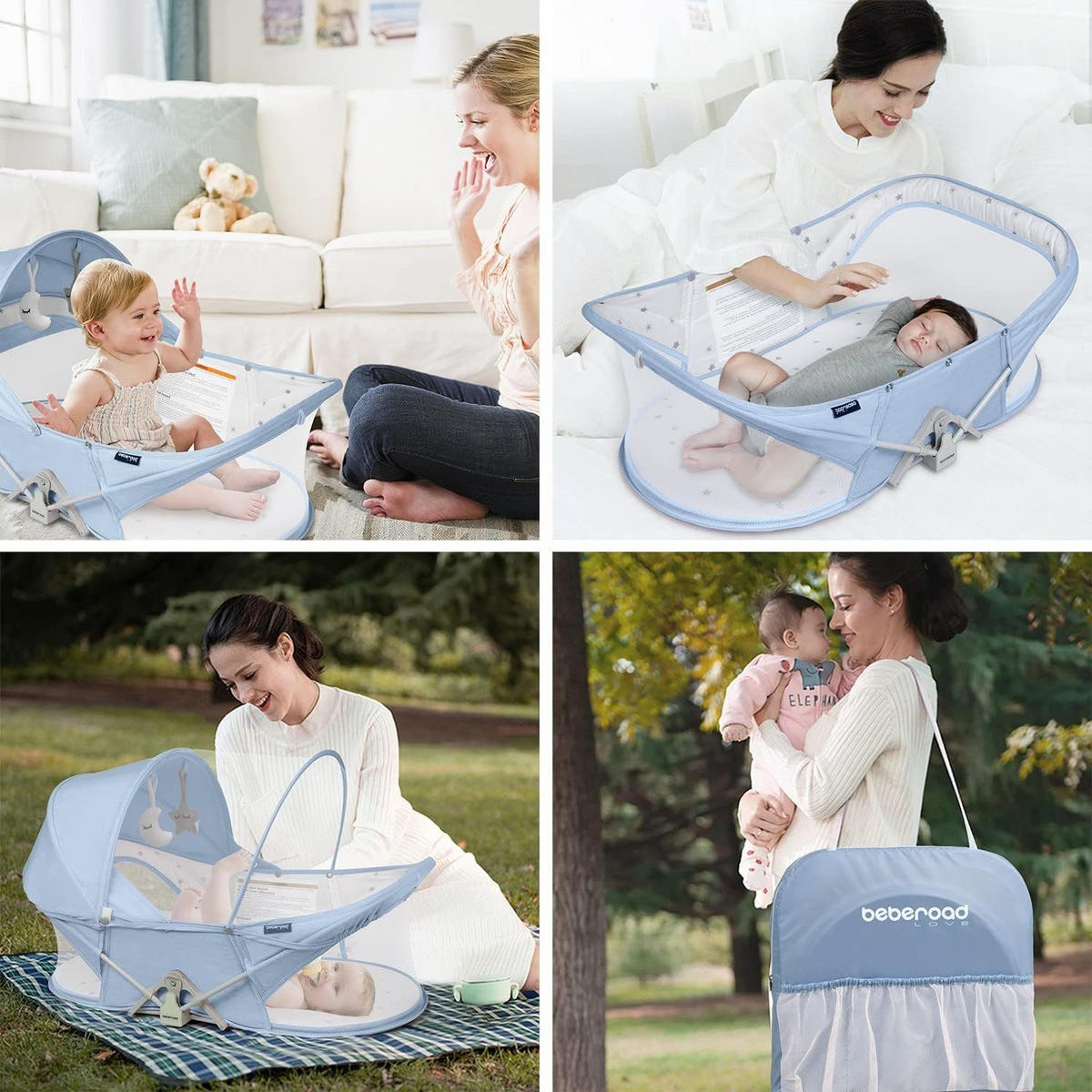 REISEBETT Stubenwagen Blau 82x44x30cm - Blau, Naturmaterialien - Beberoad