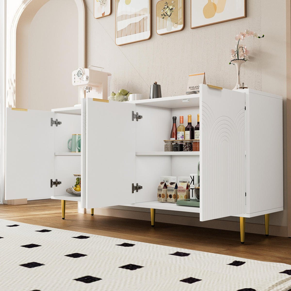 SIDEBOARD aus MDF und Spanplatte 160x40x80 cm Weiß mit 4 Türen, verstellbaren Einlegeböden und Soft-Close - Weiß, Holzwerkstoff (160/80/40cm) - Modfu