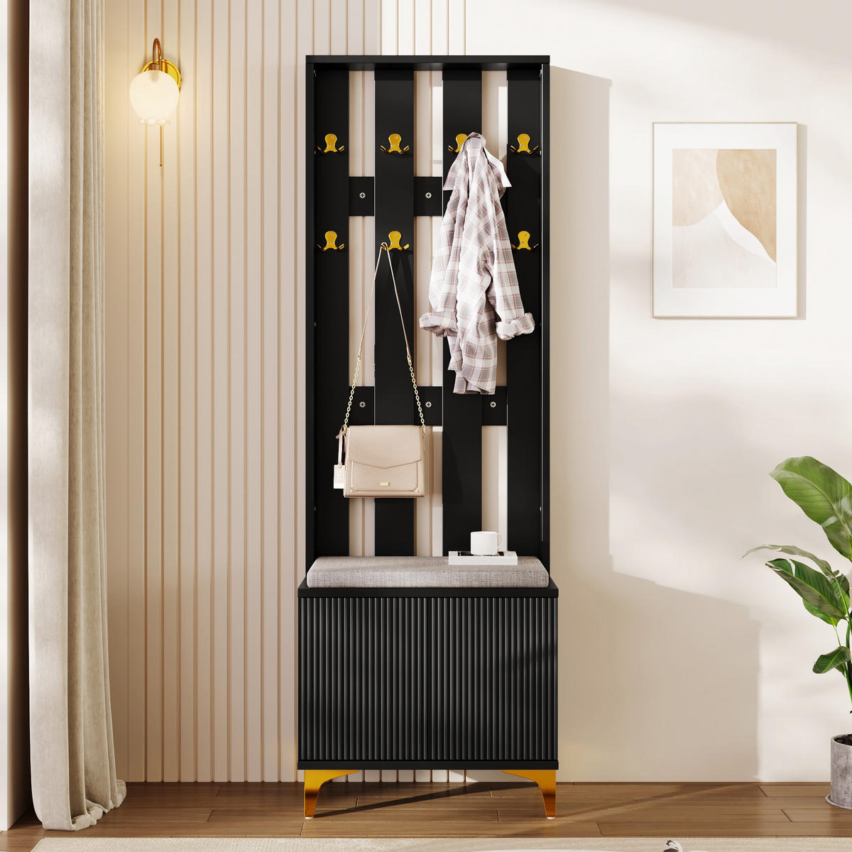 GARDEROBE mit Wellenfront Push-to-open Türen verstellbaren Regalen goldenen Akzenten - Goldfarben/Schwarz, Holzwerkstoff/Metall (60.5/180.5/35.2cm) - EVRYAE