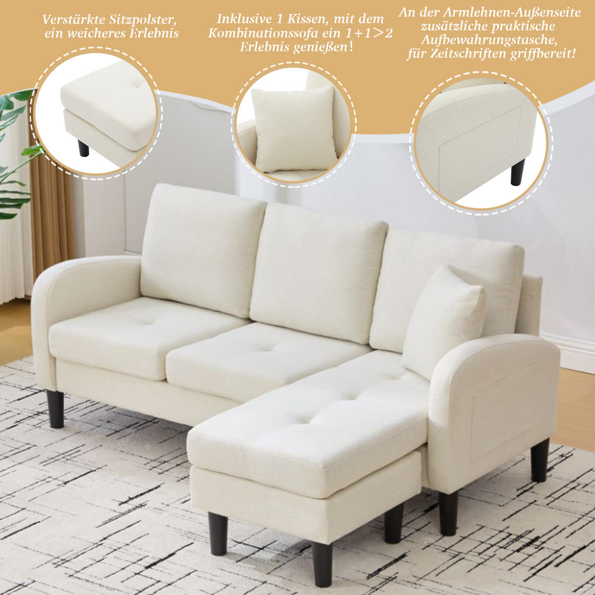 ECKSOFA 166/118/77 cm hellbeige aus Schaumstoff mit modularer Chaiselongue - Beige, Kunststoff (118/166cm) - OKWISH