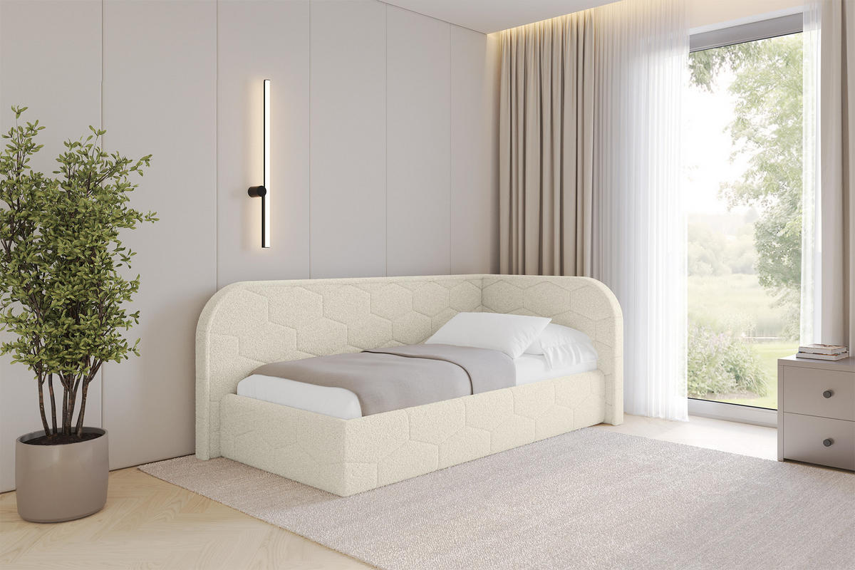 EINZELLBETT Jugendbett mit Bettkasten und Matratze H3/H4, Links - JAXY 90x200 Beige - Champagner, Holzwerkstoff/Textil (90/200cm) - ALTDECOR