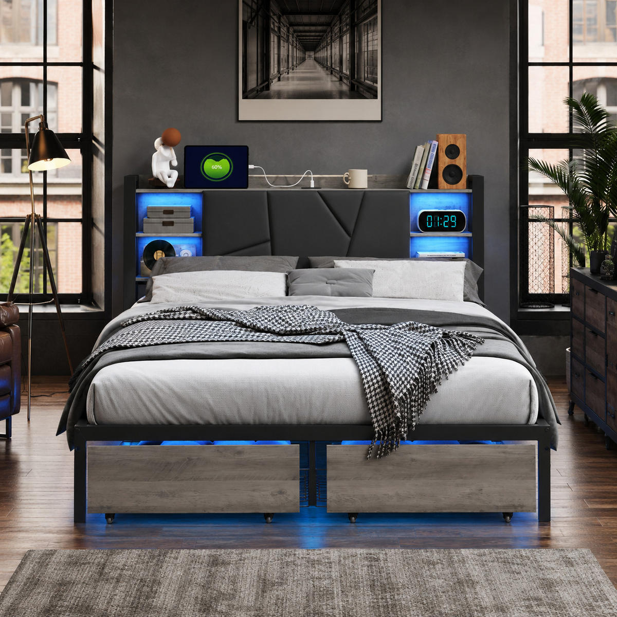 STAURAUMBETT 140/200 cm mit LED & USB-Kopfteil und Schubladen, modernes Metallbett - Schwarz, Holz/Metall (140/200cm) - Joyfair
