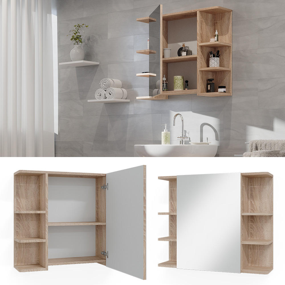 Thumbnail - Vicco Badspiegelschrank, Sonoma Eiche, Holzwerkstoff, 8 Fächer, Rechteckig, 79.6x64x21.2 cm, Badezimmer, Badezimmerspieg...