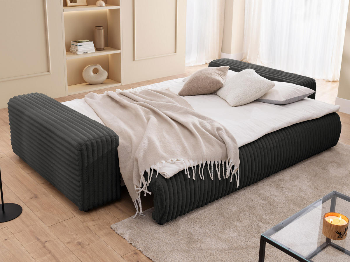 BIGSOFA Mollis Dunkelgrau Plüschcord mit Schlaffunktion - Dunkelgrau/Schwarz, Holz/Kunststoff (260/77/124cm) - S-Style Möbel