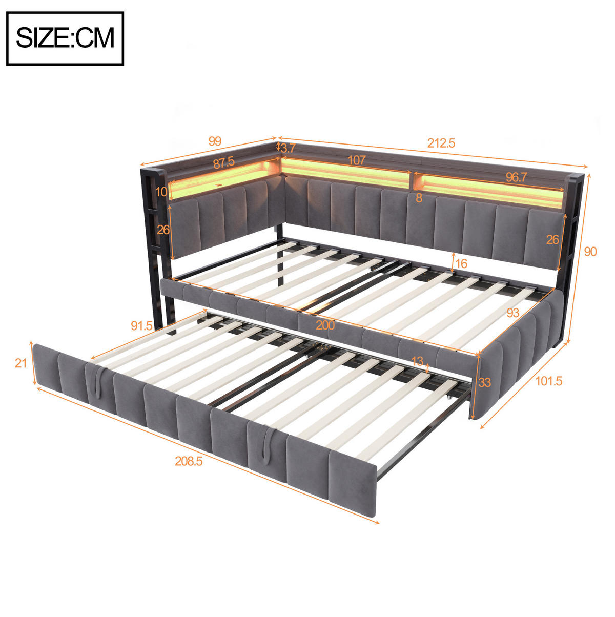 POLSTERBETT Schlafsofa aus Samt 90x200 cm Grau mit Ausziehbett, LED-Beleuchtung, USB- und Typ-C-Anschlüssen - Grau, Textil (90/200cm) - Modfu
