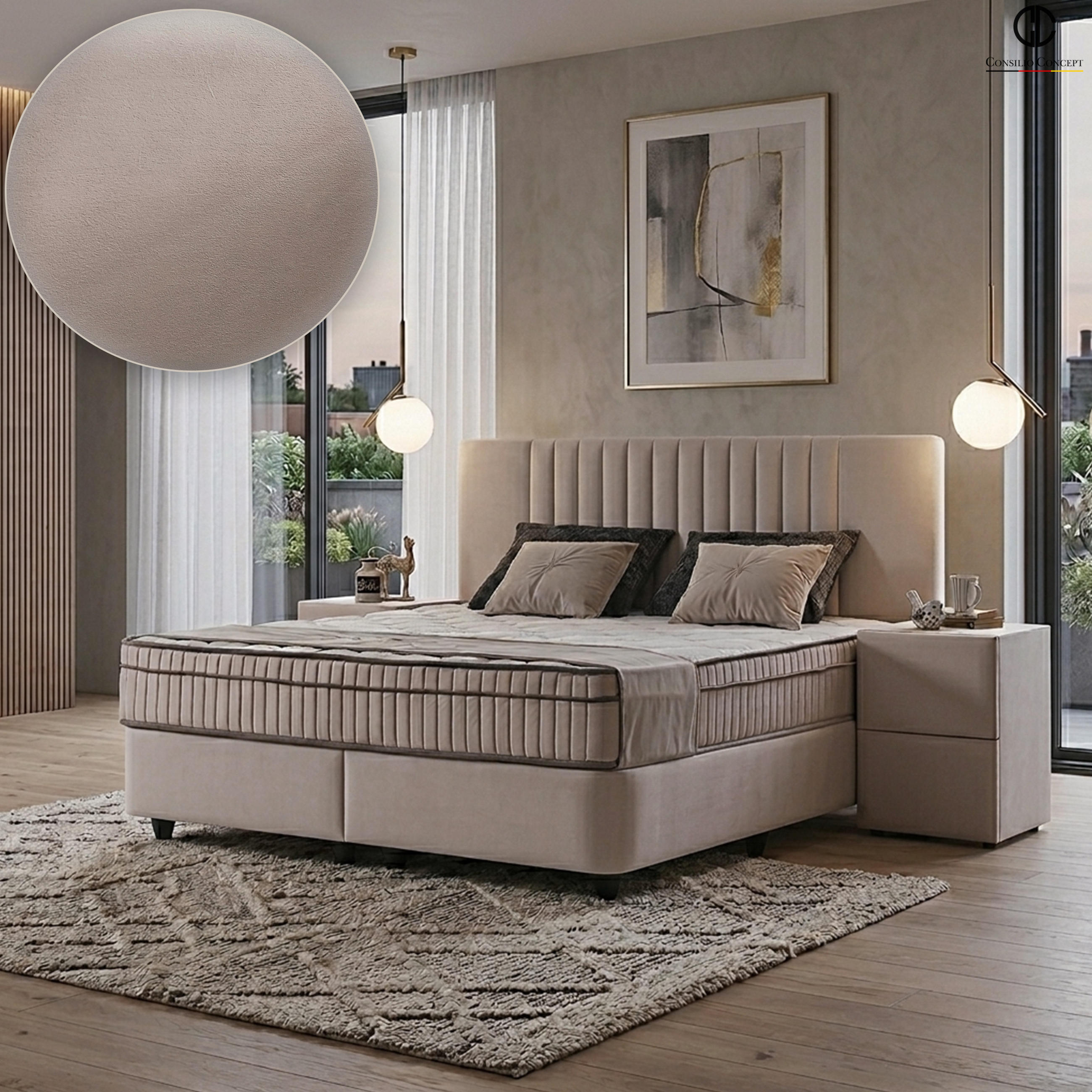 BOXSPRINGBETT MIT BETTKASTEN CARL 180/200 cm, Beige, Bettkasten, Matratze, Topper integriert, H3 mittel 7-Zonen Matratze - Beige/Schwarz, Holz/Kunststoff (180/200cm) - Consilio Concept