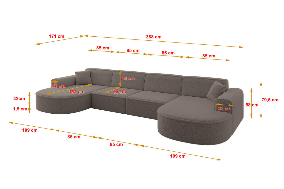 WOHNLANDSCHAFT MARI-U2 - 388x171x79 cm Braun Bouclé - Schwarz/Braun, Holzwerkstoff/Kunststoff (388/79/171cm) - ALTDECOR
