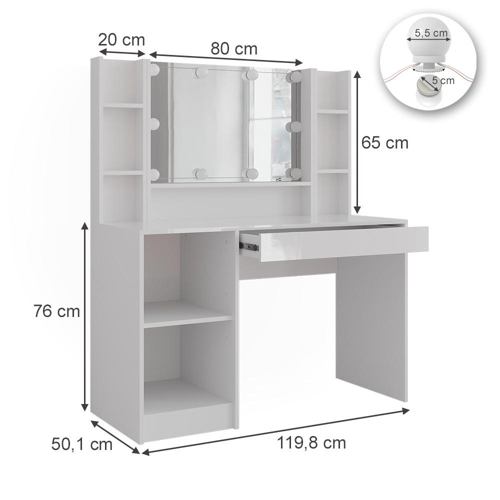 SCHMINKTISCH Sherry Weiß/Weiß Hochglanz 119.8 cm 4 Teile - Weiß Hochglanz, Holzwerkstoff (119.8/76/50.1cm) - Vicco