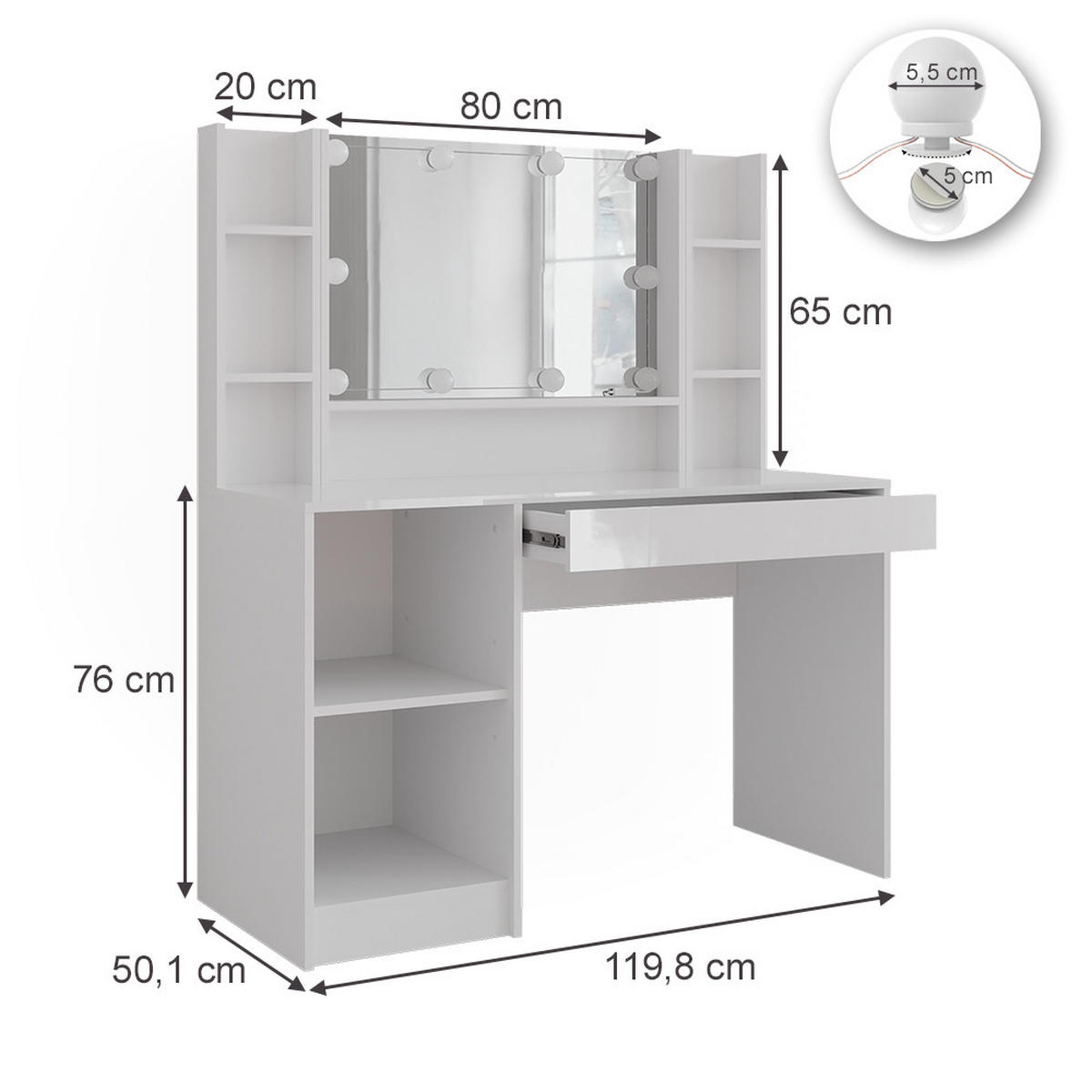 SCHMINKTISCH Sherry Weiß/Weiß Hochglanz 119.8 cm 4 Teile - Weiß Hochglanz, Holzwerkstoff (119.8/76/50.1cm) - Vicco