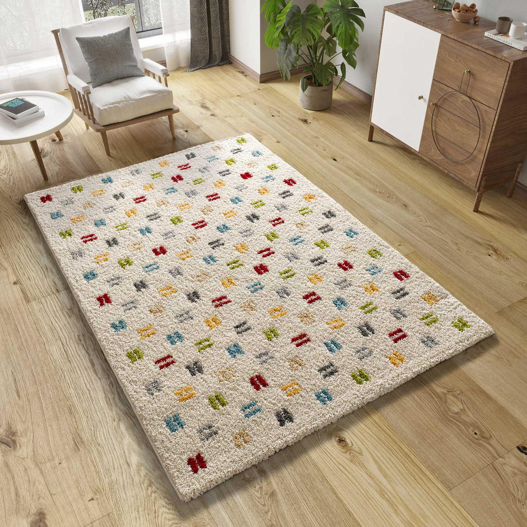Thumbnail - Atticgo Hochflorteppich, Weiß, Mehrfarbig, Textil, Grafikmuster, Rechteckig, 80x150 cm, Oeko-Tex® Standard 100, für Fußb...