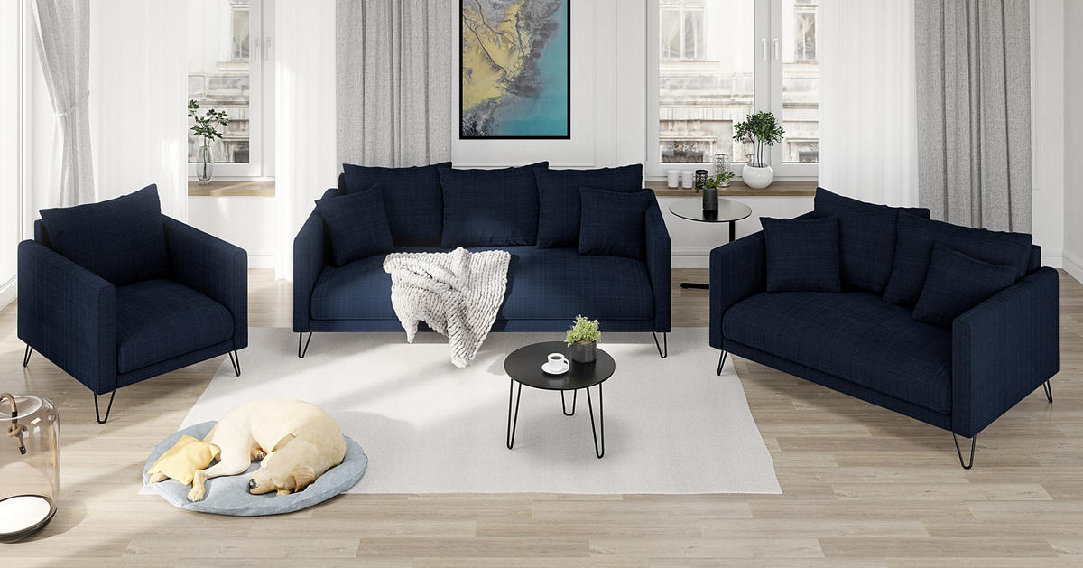 SITZGARNITUR 3+2+1 Harmony Marineblau Chenille - Schwarz/Dunkelblau, Holz/Textil (200/85/100cm) - S-Style Möbel