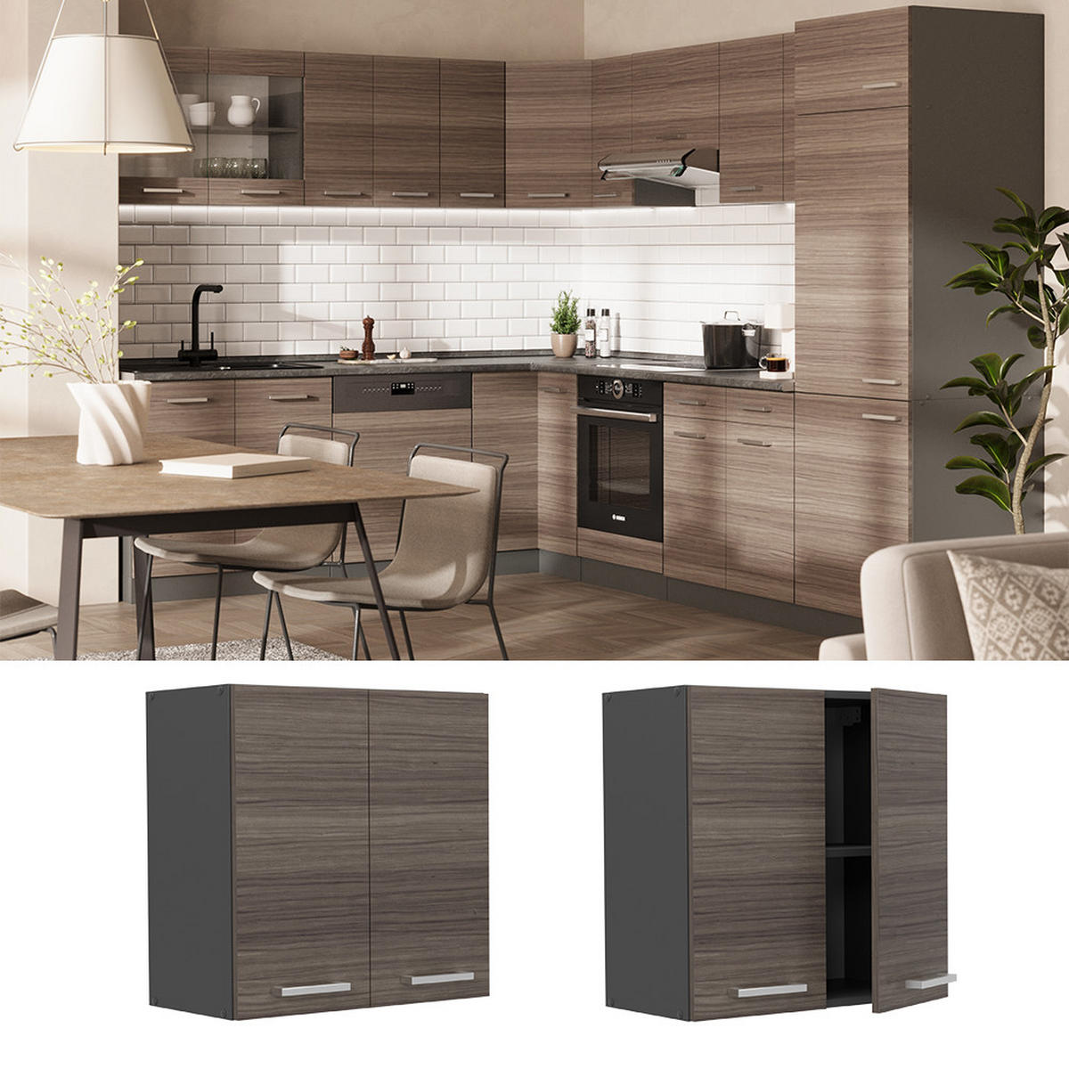 HÄNGESCHRANK R-Line Edelgrau 60 cm - Anthrazit/Braun, Holzwerkstoff (60/60/31cm) - Vicco