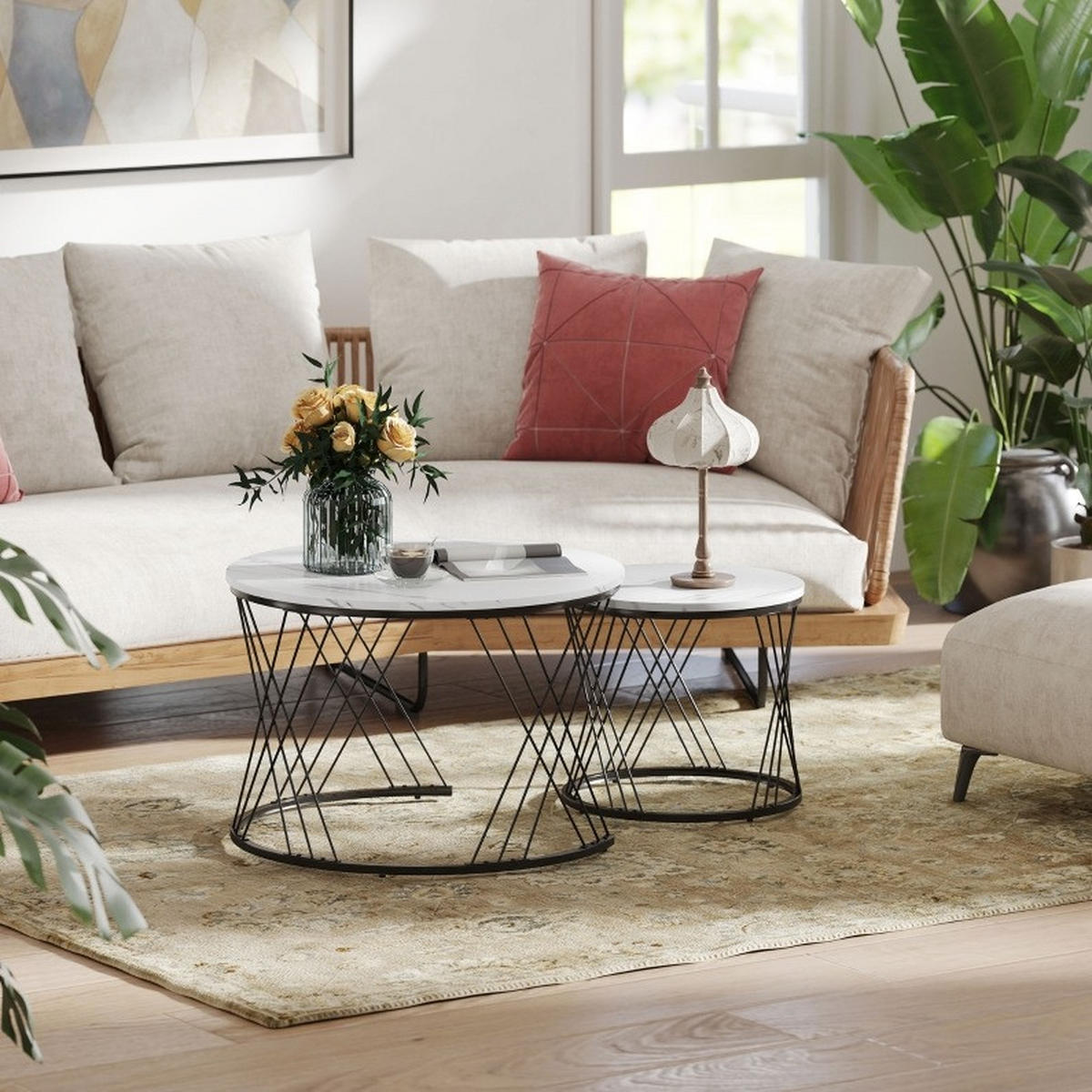 COUCHTISCH 70/70/46.5 cm Weiß Marmoroptik aus Holz mit Metallgestell - Weiß, Holz (70/70/46.5cm) - OKWISH