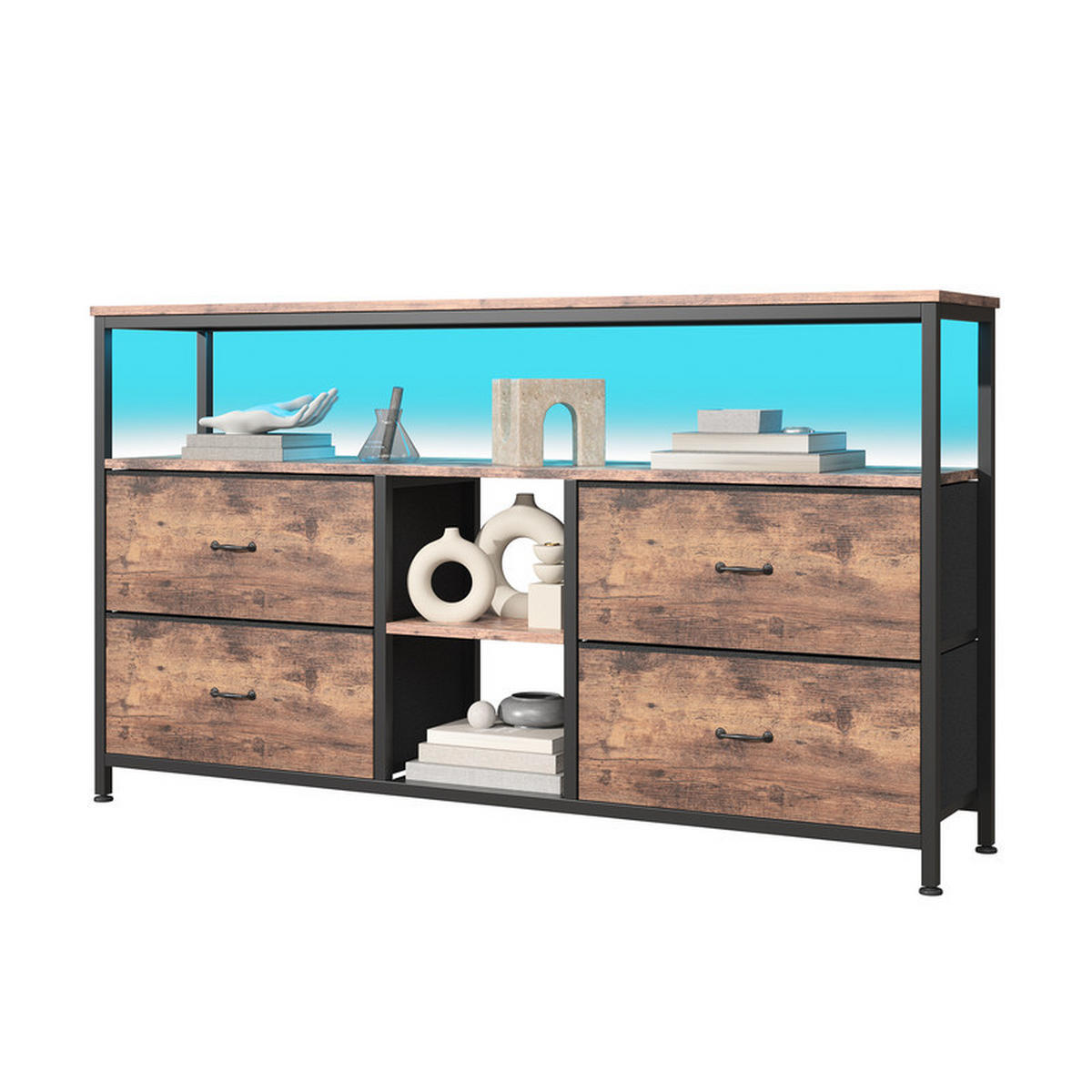 LOWBOARD, 108 x 30 x 76.8 cm, mit 4 Stoffschubladen und LED-Lichtern, Metallrahmen Vintage für Wohnzimmer - Eiche Artisan, Metall (29.8/76.8/108cm) - WoodenAura