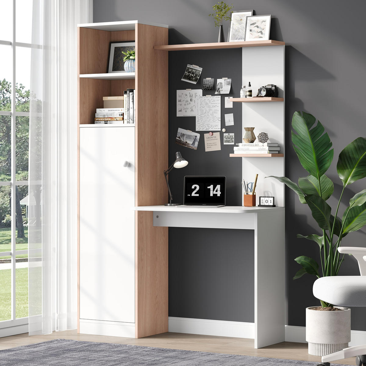 SCHREIBTISCH Weiß und Eichefarben 123,5/45/168,5 cm mit Regal und Schrank - Weiß, Holzwerkstoff (45/123.5/168.5cm) - PANGIVO
