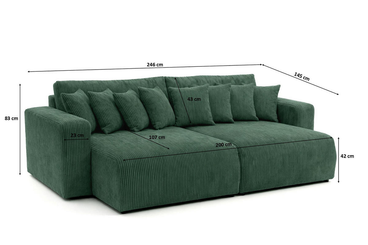 SCHLAFSOFA, Cordstoff Poso, Hellgrau, PIANO DOUBLE - Grün, Holz (246/83/145cm) - Kaiser Möbel