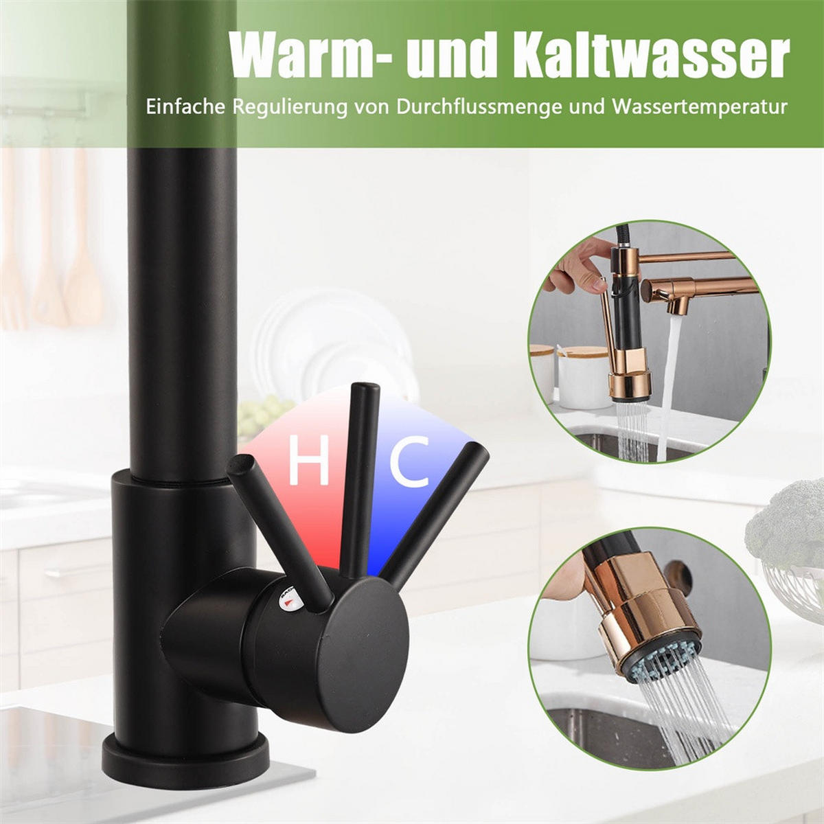 KÜCHENARMATUR ausziehbar mit Federführung 360° drehbar Spültischarmatur Mischbatterie - Schwarz +Roségold - Schwarz, Metall (17.5/46/4.5cm) - DELFA