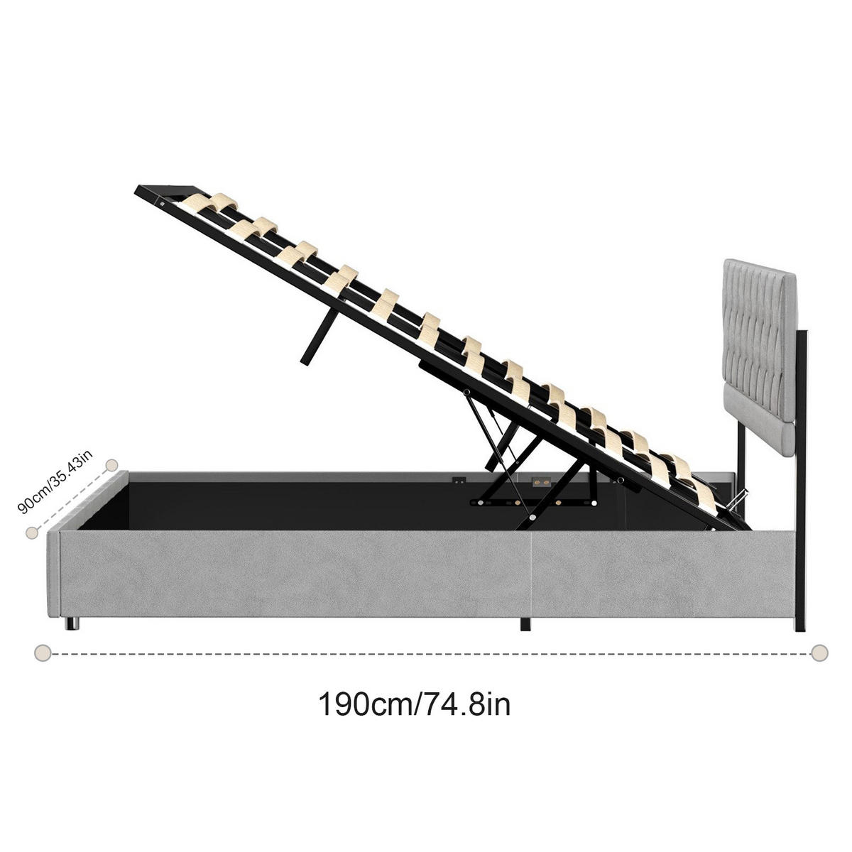 POLSTERBETT 90/190 cm Grau mit hydraulischem Stauraum aus Samt - Grau, Holzwerkstoff (90/190cm) - OKWISH