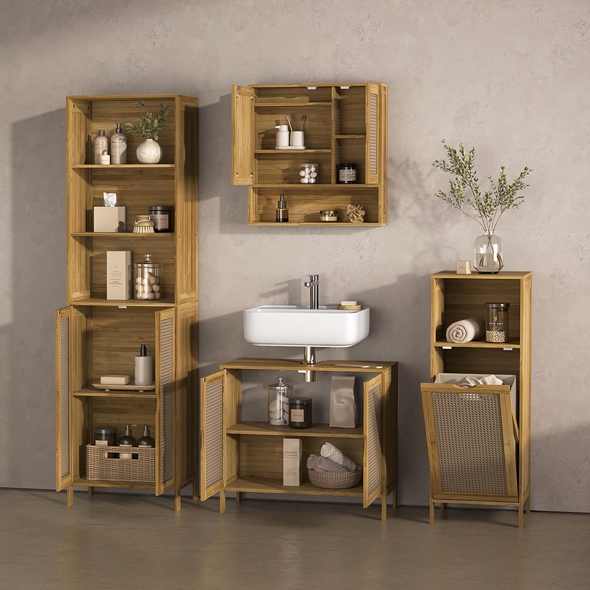 KOPALNIŠKA OMARICA Z OGLEDALOM Mincio, Bambus, 56 x 58 cm z 2 vrati - naravne barve, leseni material (56/58/13cm) - Livinity®