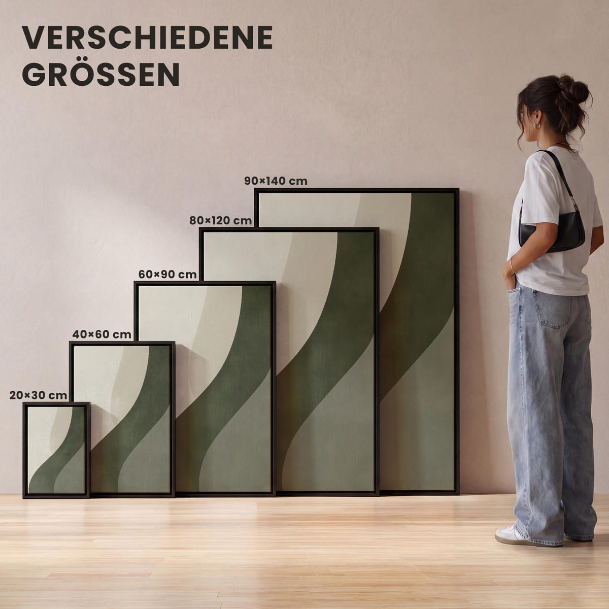 LEINWAND Bilder mit Rahmen - Japandi - Grün - Abstrakt - Modern - 60x90 - Salbeigrün, Textil (60/90cm) - MuchoWow