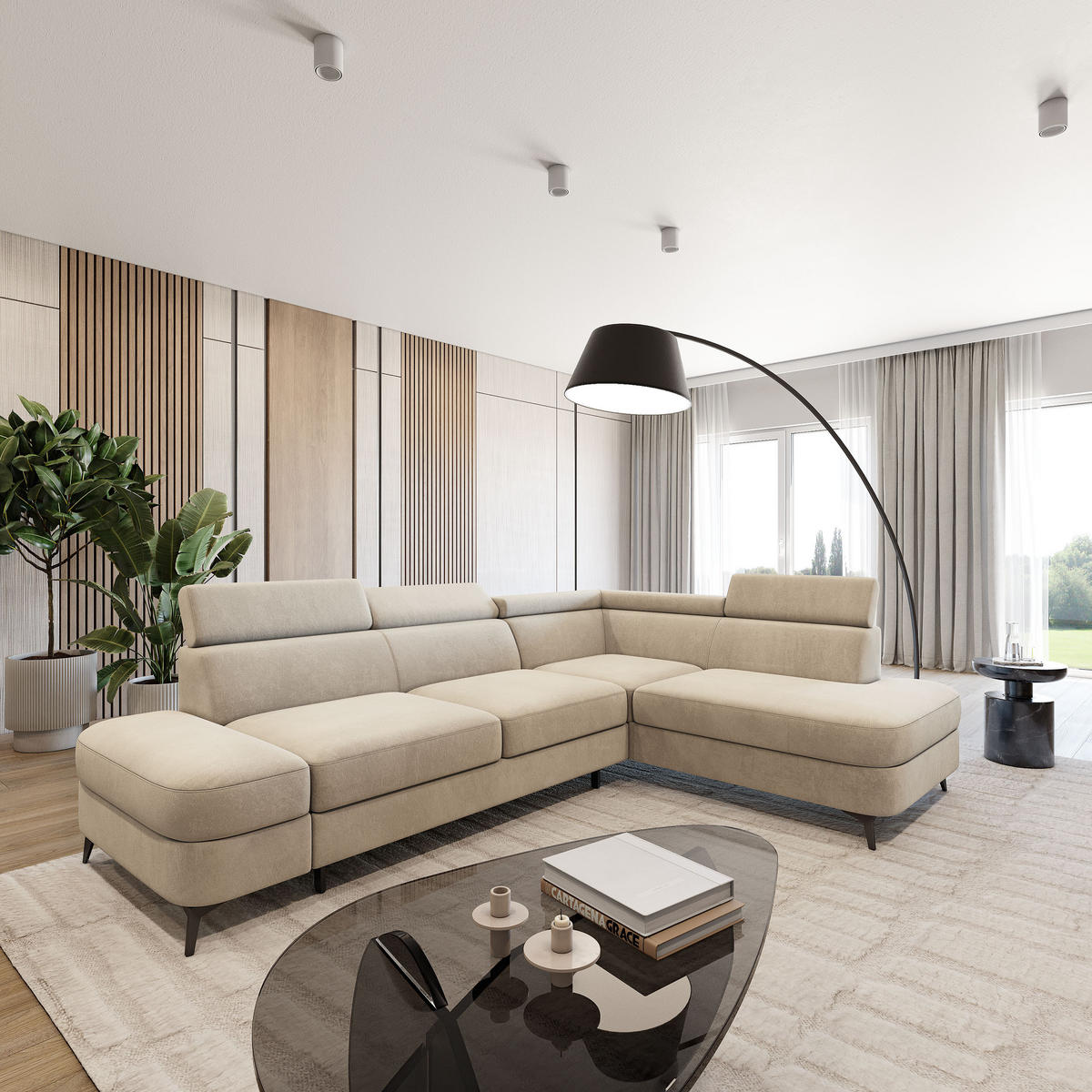 ECKSOFA AVISE MV R-S Creme Velours-Stoff mit Schlaffunktion - Creme, Holzwerkstoff/Textil (268/195cm) - MASSENO