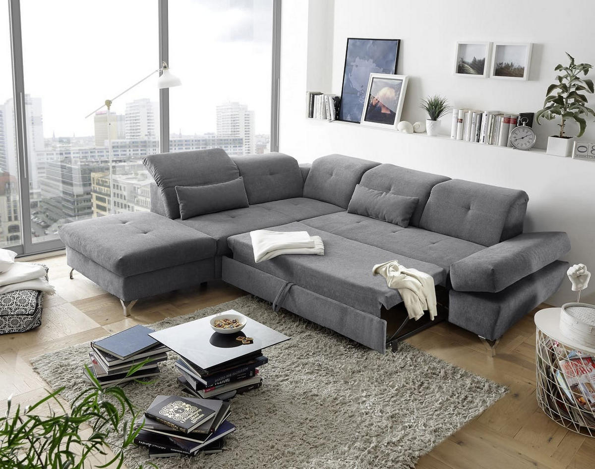 ECKSOFA mit Schlaffunktion und verstellbaren Kopflehnen - Chromfarben/Dunkelgrau, Textil/Metall (275/245cm) - ed exciting design