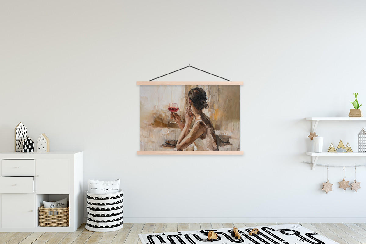 POSTER Ölgemälde - Frau - Wein 120x80 cm - Hellbraun, Textil (120/80/0.15cm) - MuchoWow