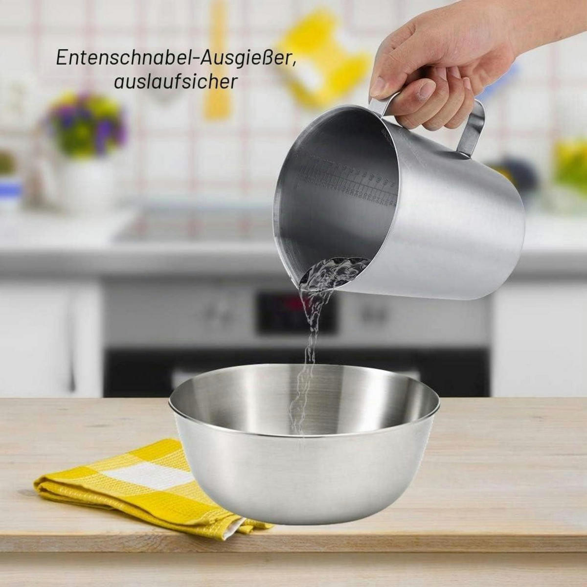 MESSBECHER Edelstahl 2000 ml mit Skala und Griff - Silberfarben, Metall (2L)